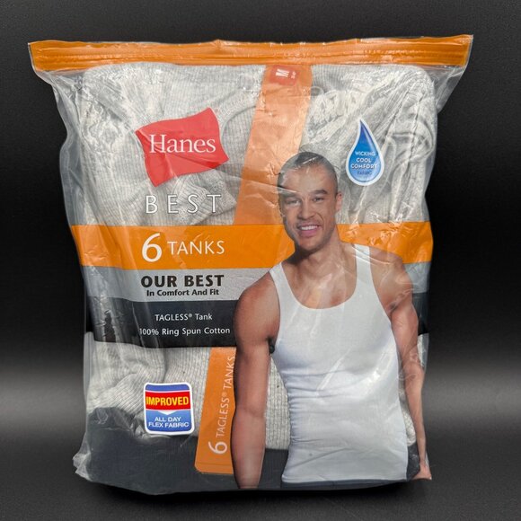 Hanes Mens Best Tagless Tanks 6 Pack M Black Gray 100% Ring Spun Cotton Open Pkg - Picture 1 of 3